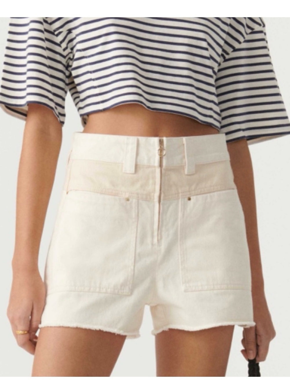 B@SH High-Rise Cream Denim Shorts with Raw Hem size 0
